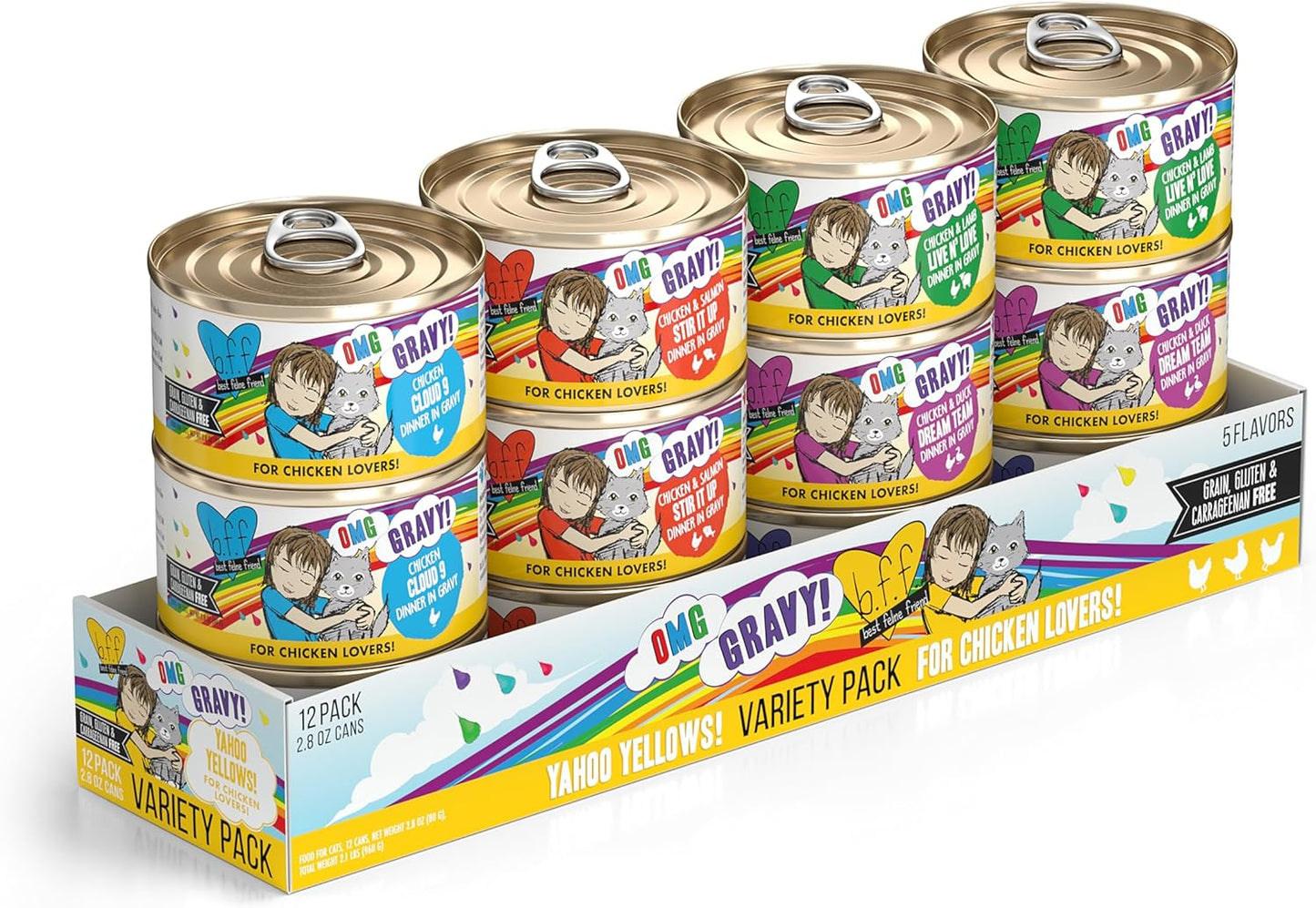 Weruva B.F.F. OMG - Best Feline Friend Oh My Gravy, Yahoo Yellows Variety Pack, 2.8oz Can (Pack of 12)