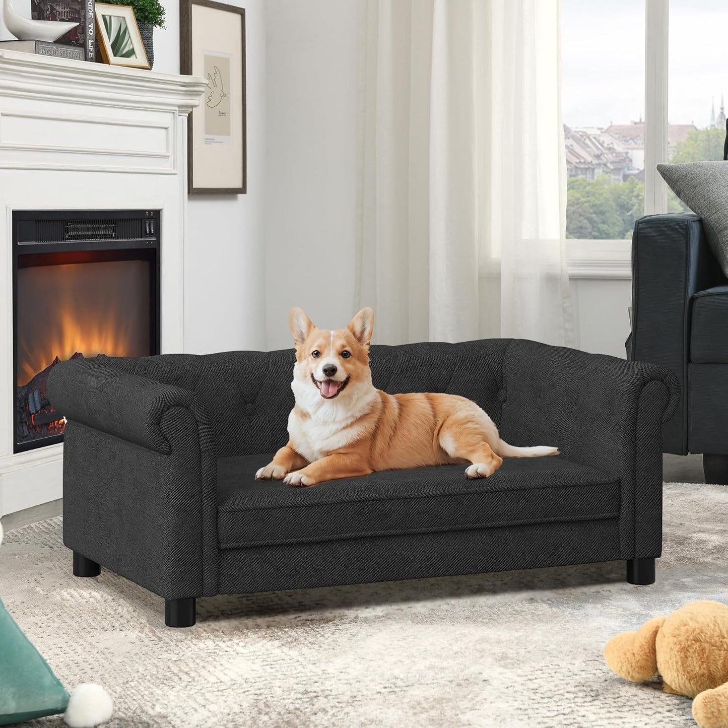 Dog Sofa Couch for Medium to Large Dogs, Memory Foam Pet Sofa Couch with Washable Fabric, Durable Elevated Dog Bed with Legs, Removable Cushion for Medium and Large Dogs, Black