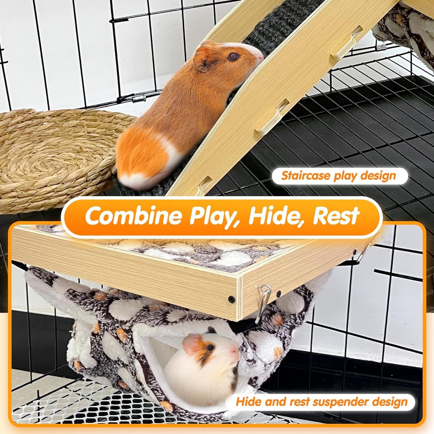 Guinea Pig Hideout，Natural Wood Removable Guinea Pig Bed, Small Animal Habitat with Hanging Hammock/Staircase/Cushion, Suitable for Small Animals to Hide, Rest, Play