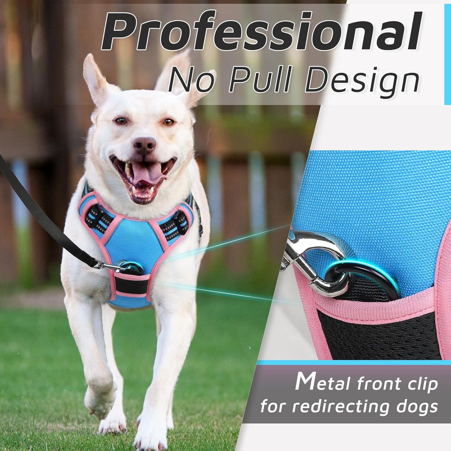 Eagloo Dog Harness for Large Dogs, No Pull Service Vest with Reflective Strips and Control Handle, Adjustable and Comfortable for Walking, No Choke Harness with 2 Metal Rings, Pink & Blue, M