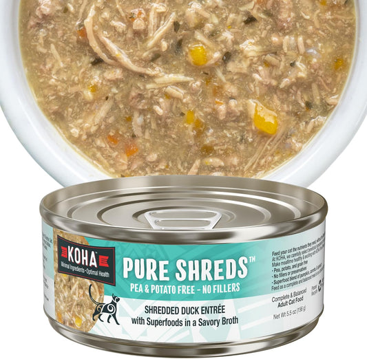 KOHA Pure Shreds Duck Entrée for Cats, Single Meat High Protein Wet Cat Food, 5.5oz Cans (Pack of 12)