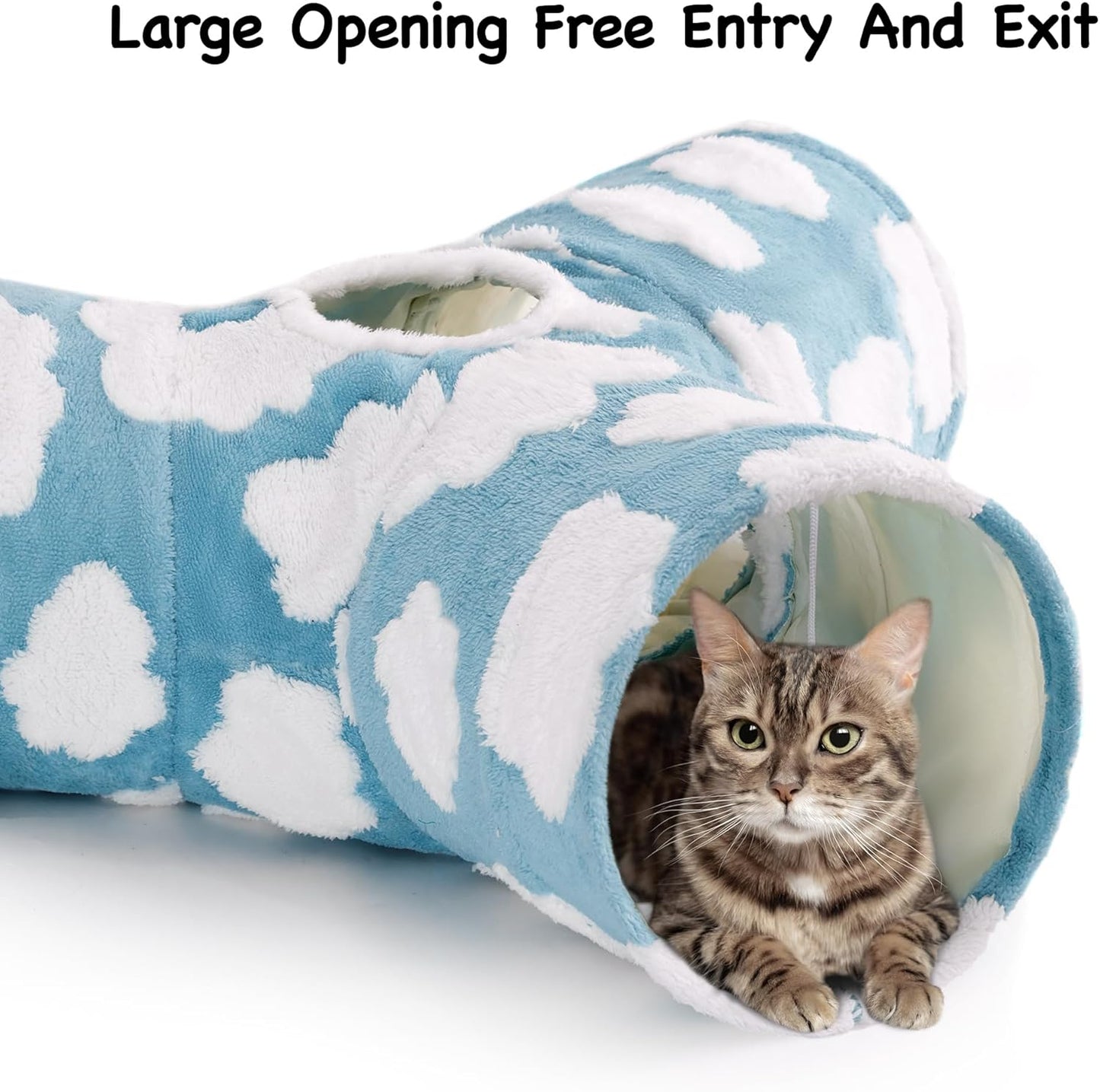 Tempcore Flannel Pet Cat Tunnel Tube Cat Toys 3 Way Collapsible, Cat Tunnels for Indoor Cats, Pet Toys Peek Hole Toy Ball Puppy, Kitty, Kitten, Rabbit, Cloud Blue