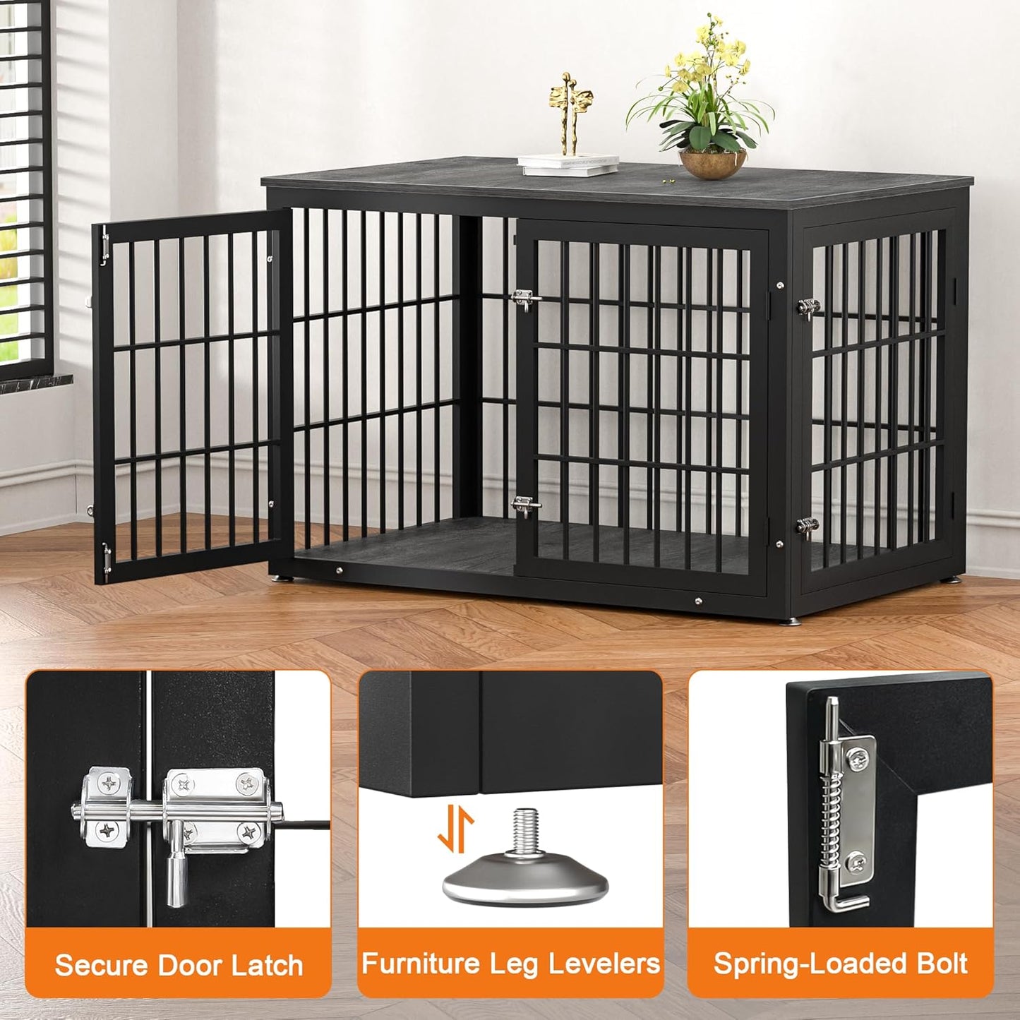 48 Inch Heavy Duty Dog Crate Furniture for Large Dogs, Decorative Pet House End Table, Extra Large Wooden Cage Kennel Furniture Indoor, Black and Gray