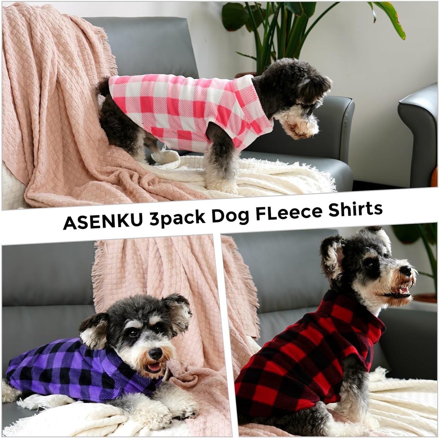 ASERU Dog Sweater 3 Pack - Plaid Dog Fleece Vest - Soft Pet Pajamas, Warm Winter Coats for Small & Medium Dogs