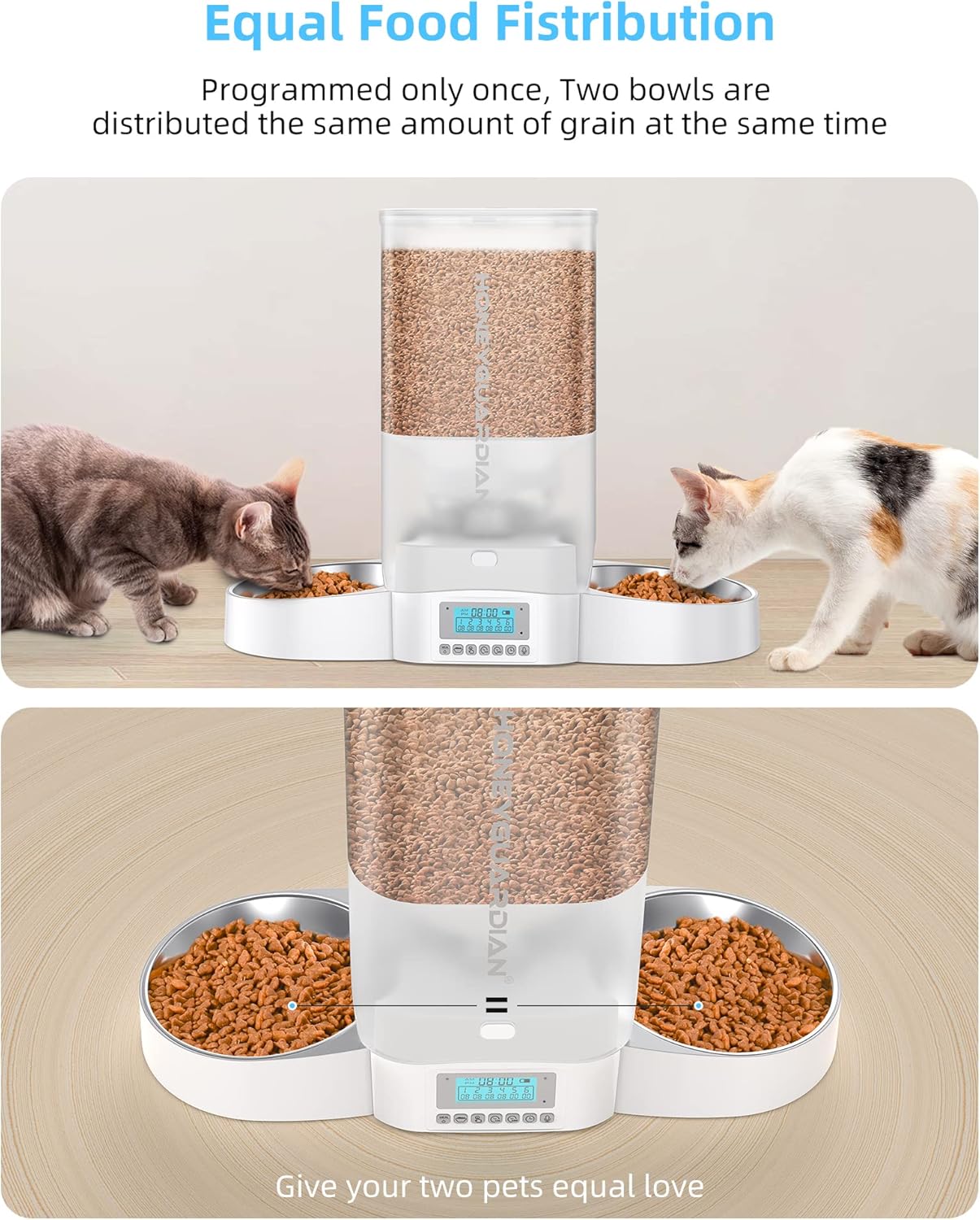 HoneyGuaridan Automatic Cat Feeder for Two Cats,5L Cat Food Dispenser with Stainless Steel Bowl,Timed Feeder Programmable 1-6 Meals Control, Dual Power Supply,Desiccant Bag,10s Meal Call White