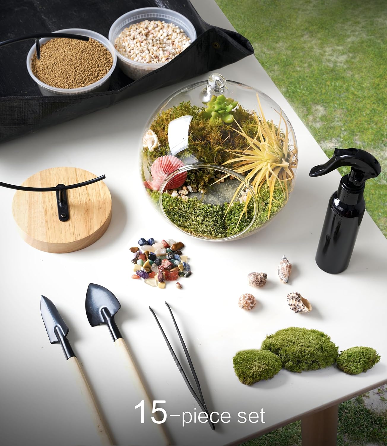 15-Piece Terrarium Kit with Live Moss – DIY Glass Globe Set with Tools, Soil, Stones & Spray Bottle – Indoor Mini Garden Gift for Plant Lovers, Home Decor & Zen Craft