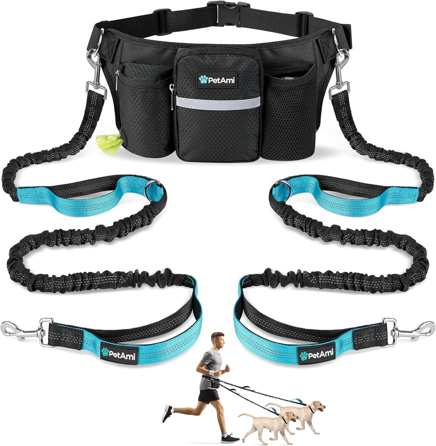 PetAmi Premium Hands Free Dog Leash for 2 Dogs, Adjustable Waist Belt Leash for Dog Walking, Fanny Pack Accessories Bag Dual Bungee Leash for Running, Hiking, Jogging, Biking, Black