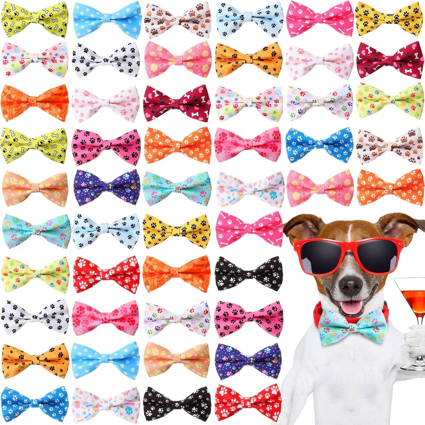 Hillban 50 Pieces Paw Print Dog Collar Bow Ties Colorful Paw Print Dog Collar Accessories Bow Ties Attachment with Elastic Bands Detachable Charms for Pets Collar Accessories Daily Costume