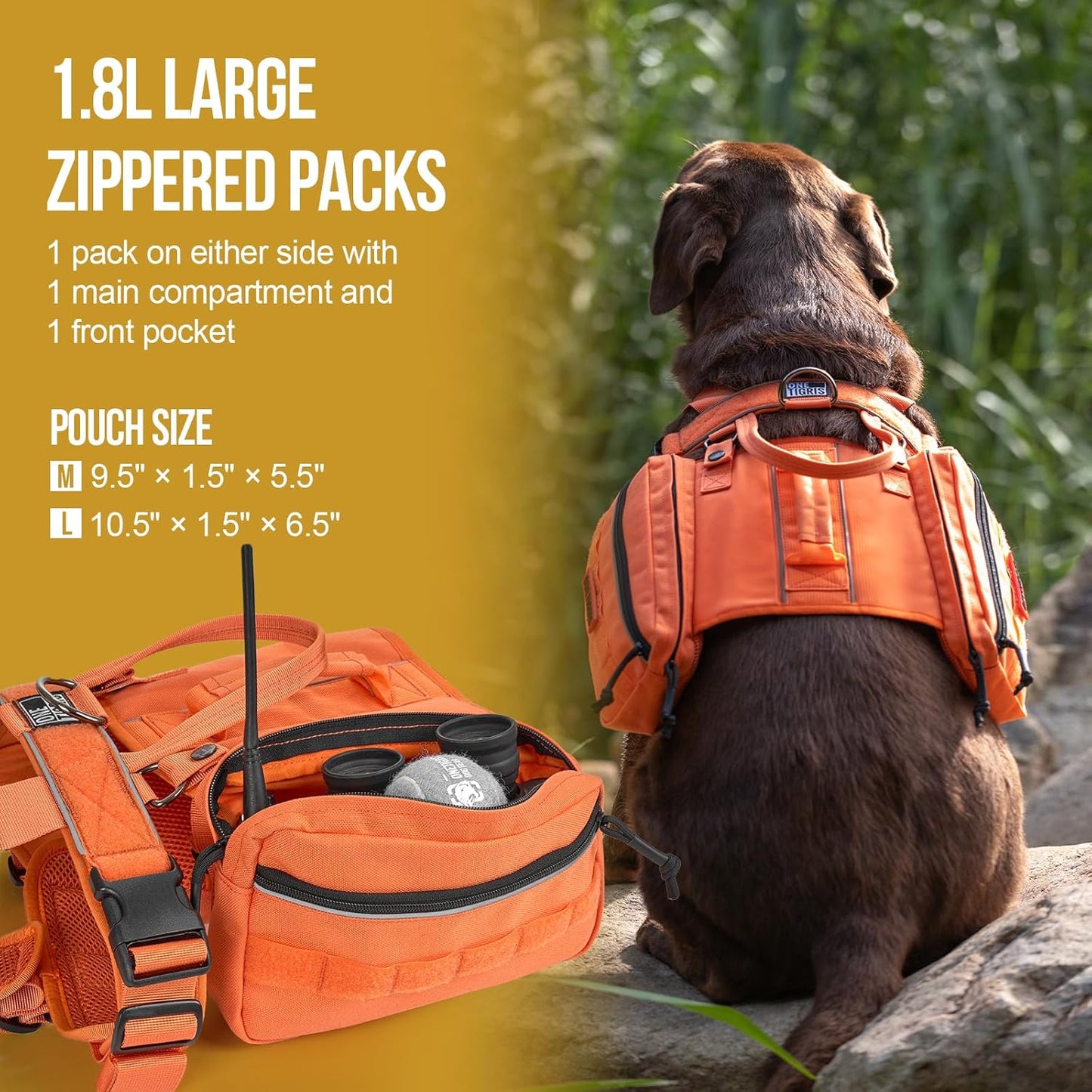 Onetigris Dyno Outdoor Harness for Dogs with Pockets, Front Range Pack, Saddle Bag Dog Hiking Vest with Handles