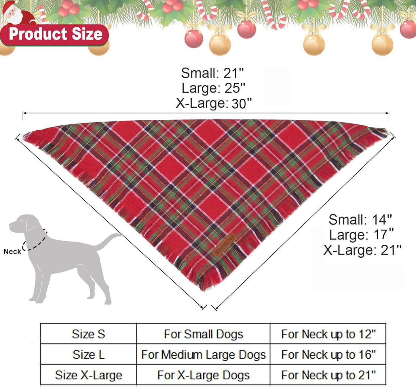 ADOGGYGO Christmas Dog Bandanas with Tassels Edges, Stylish Plaid Dog Christmas Scarf Bib, Multiple Sizes Offered, Plaid Bandanas for Medium Large Dogs (Large)