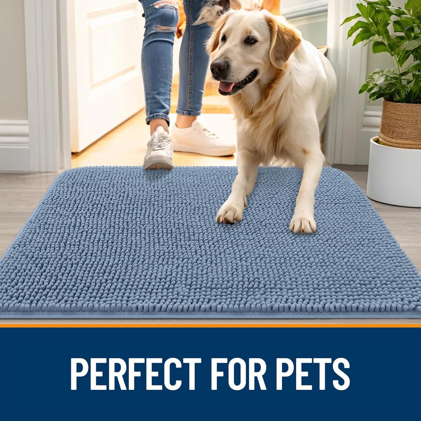OLANLY Dog Door Mat for Muddy Paws 36x24, Absorbs Moisture and Dirt, Absorbent Non-Slip Washable Doormat, Quick Dry Chenille Mud Mat for Dogs, Entry Indoor Entryway Carpet for Inside Floor, Airy Blue