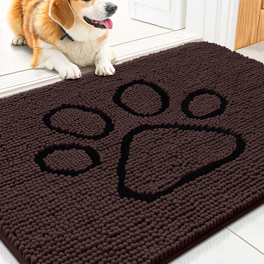 Smiry Dog Door Mat for Muddy Paws, Absorbent Dirt Trapper Non Slip Quick Dry Washable Chenille Mat for Mud Dogs, Entry Rug for Indoor and Outdoor (30x20 Inches, Brown and Black)