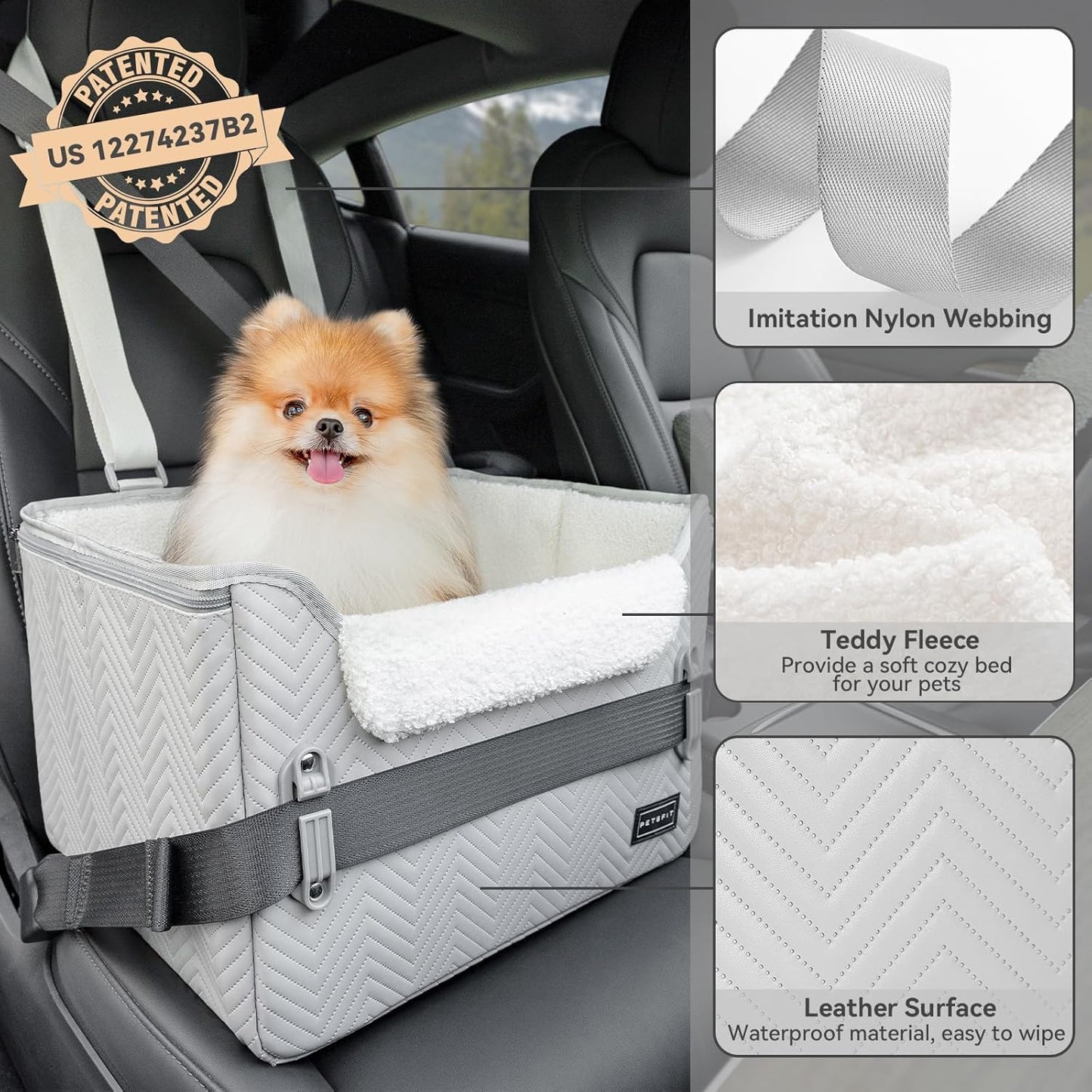 PETSFIT Dog Booster Car Seat, Waterproof PU Leather Dog Car Seats for Small Dogs with Patent Safe Buckles, Clip-On Leash, Pet Car Seat for Small Pets Up to 25lbs (Cool Grey)