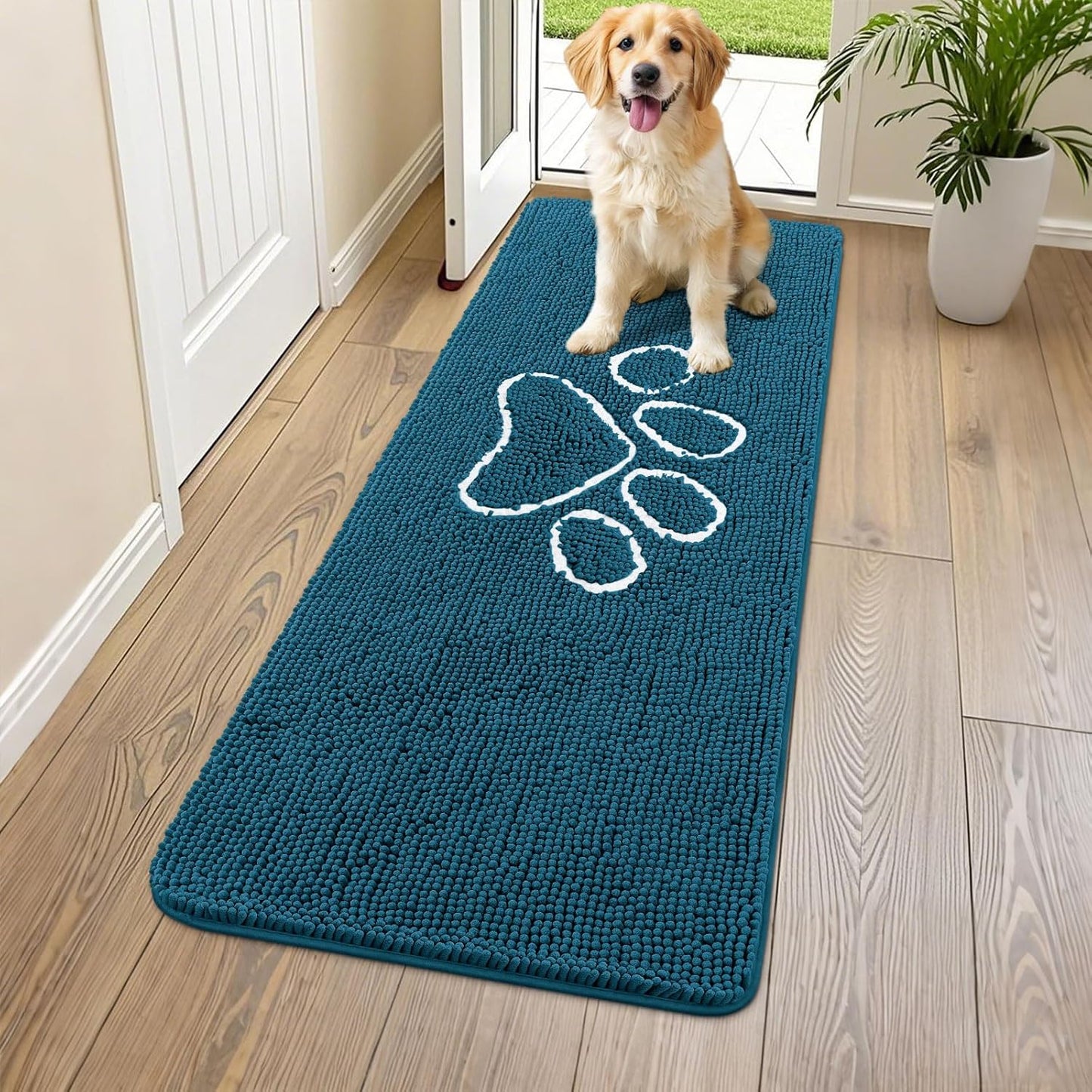 Smiry Dog Door Mat for Muddy Paws, Absorbent Dirt Trapper Non Slip Quick Dry Washable Chenille Mat for Mud Dogs, Entry Rug for Indoor and Outdoor (59x24 Inches, Atlantic Blue)