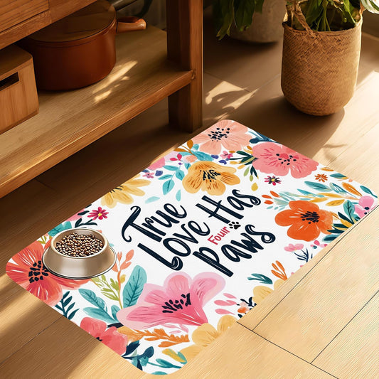 True Love Floral Dog Cat Food Mat-Absorbent Placemat for Food and Water Bowl, Waterproof Non Slip Rubber Backing Dog Food Mats for Floors, Pet Supplies 16 * 24 inch