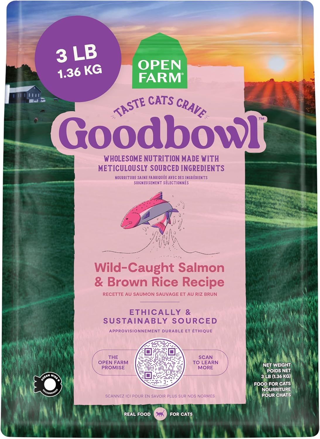 Open Farm Goodbowl, Protein Rich Dry Cat Food Made from Meticulously Sourced Simple Ingredients, Wild-Caught Salmon & Brown Rice Recipe, 3lb Bag (48oz Bag)