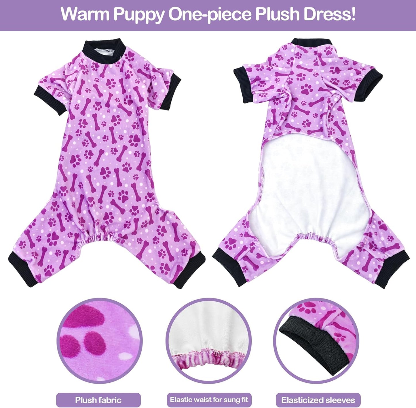 PET SHOW 4 Pack Small Dog Pajamas Paw Bone Patterns Cute Clothes for Medium Dogs Soft Fleece Stretchy PJs 4 Legged Jumpsuit Puppy Cats Onesies Outfits with Sleeve Dachshund Doggies Girl Boy (Small)