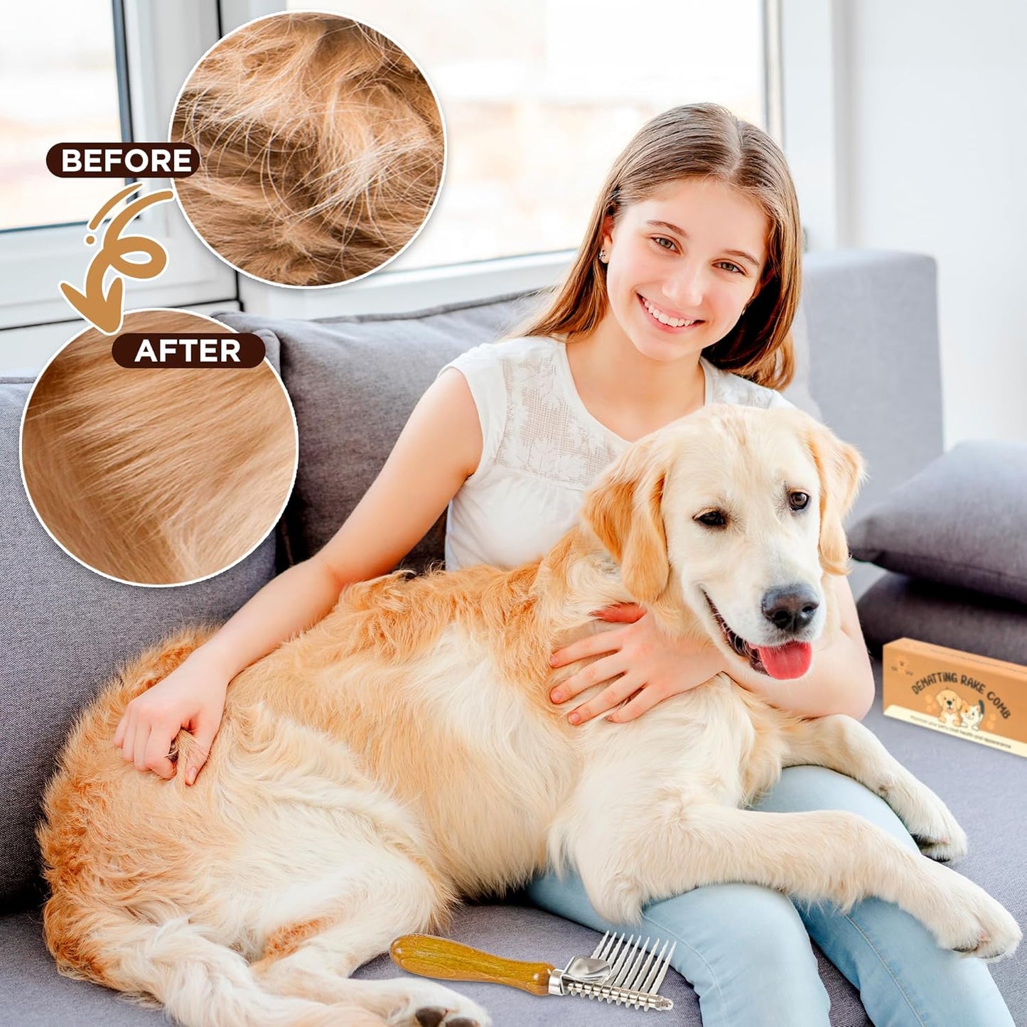 TAKAVU Dematting Fur Rake Comb Brush for Dogs & Cats - Undercoat Comb with Safety Blades for Removing Knots, Mats & Tangles - Grooming Tool for Poodles, Doodles, Long Haired Pets