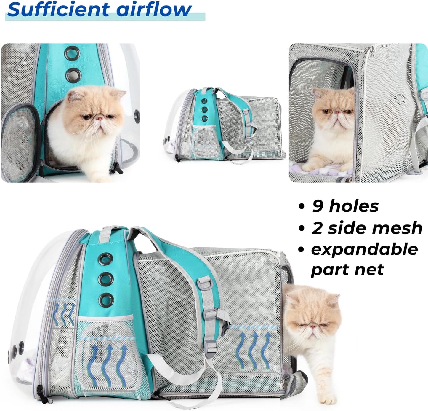 Lollimeow Cat Carrier Backpack, Bubble Expandable Backpack Carrier, Pets and Small Dogs,Airline-Approved, Designed for Travel, Hiking, Walking & Outdoor Use (Square Back Expandable-Green)