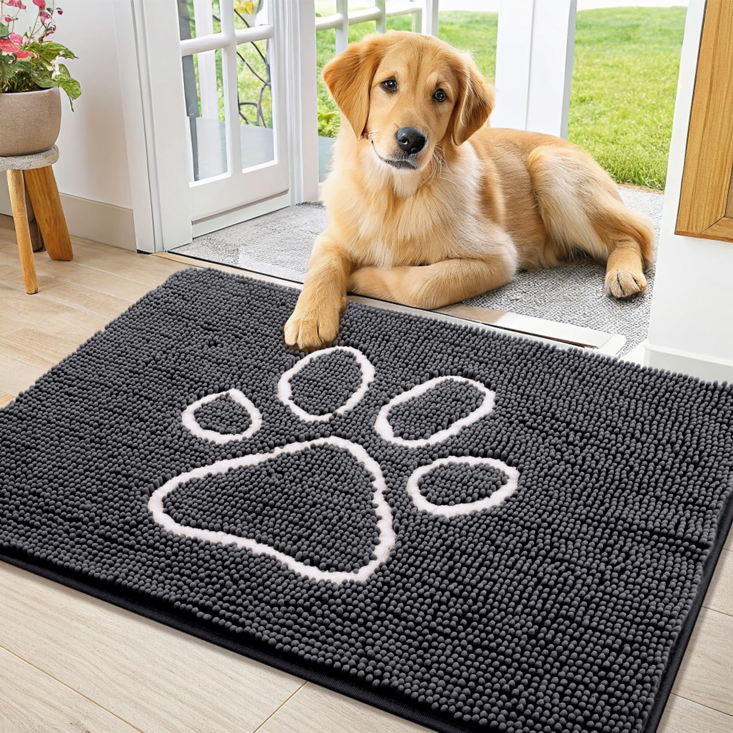 Smiry Dog Door Mat for Muddy Paws, Absorbent Dirt Trapper Non Slip Quick Dry Washable Chenille Mat for Mud Dogs, Entry Rug for Indoor and Outdoor (36x24 Inches, Dark Grey and White)