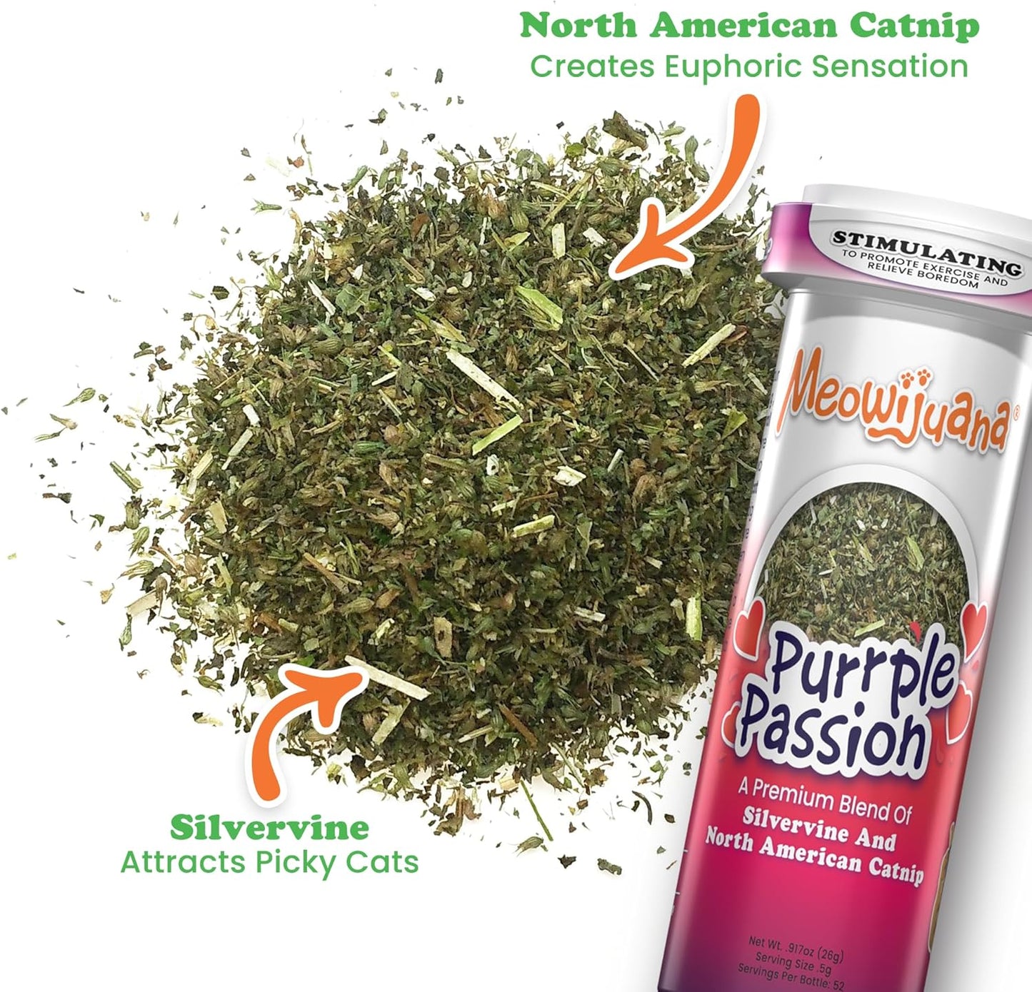 Meowijuana Purrple Passion Cat Nip - Premium Organic Blend of Catnip for Cats & Silvervine, Stimulates Playful Behavior, 26g, Natural Wellness Gift for Cat Lovers