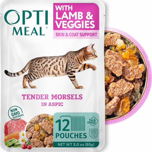 Optimeal Grain-Free Wet Cat Food – Lamb & Veggies Recipe, High Protein & Moisture Rich Indoor Adult Cats Food, Tender Morsels in Savory Gravy Natural Ingredients - 3 oz Pouches, 12 Pack