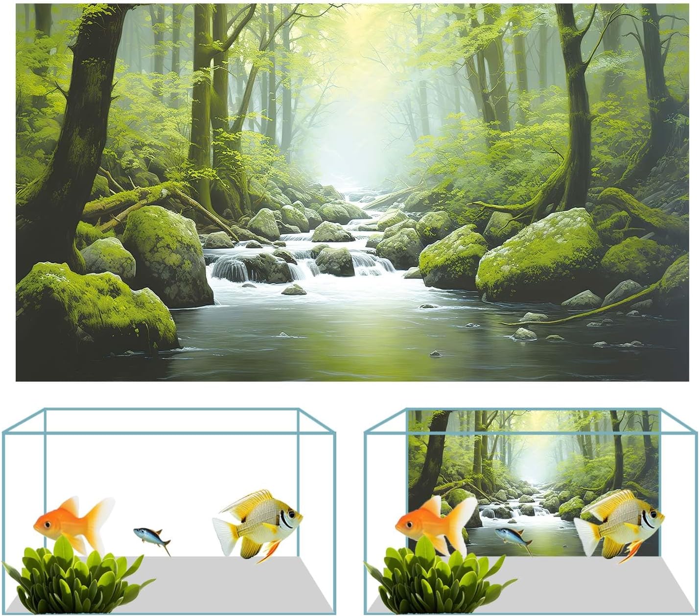 72X24IN Tropical Forest Terrarium Background, Natural Green Forest Tree Reptile Habitat Background, Misty Rainforest Aquarium Background, with 8 EVA Double-Sided Tape