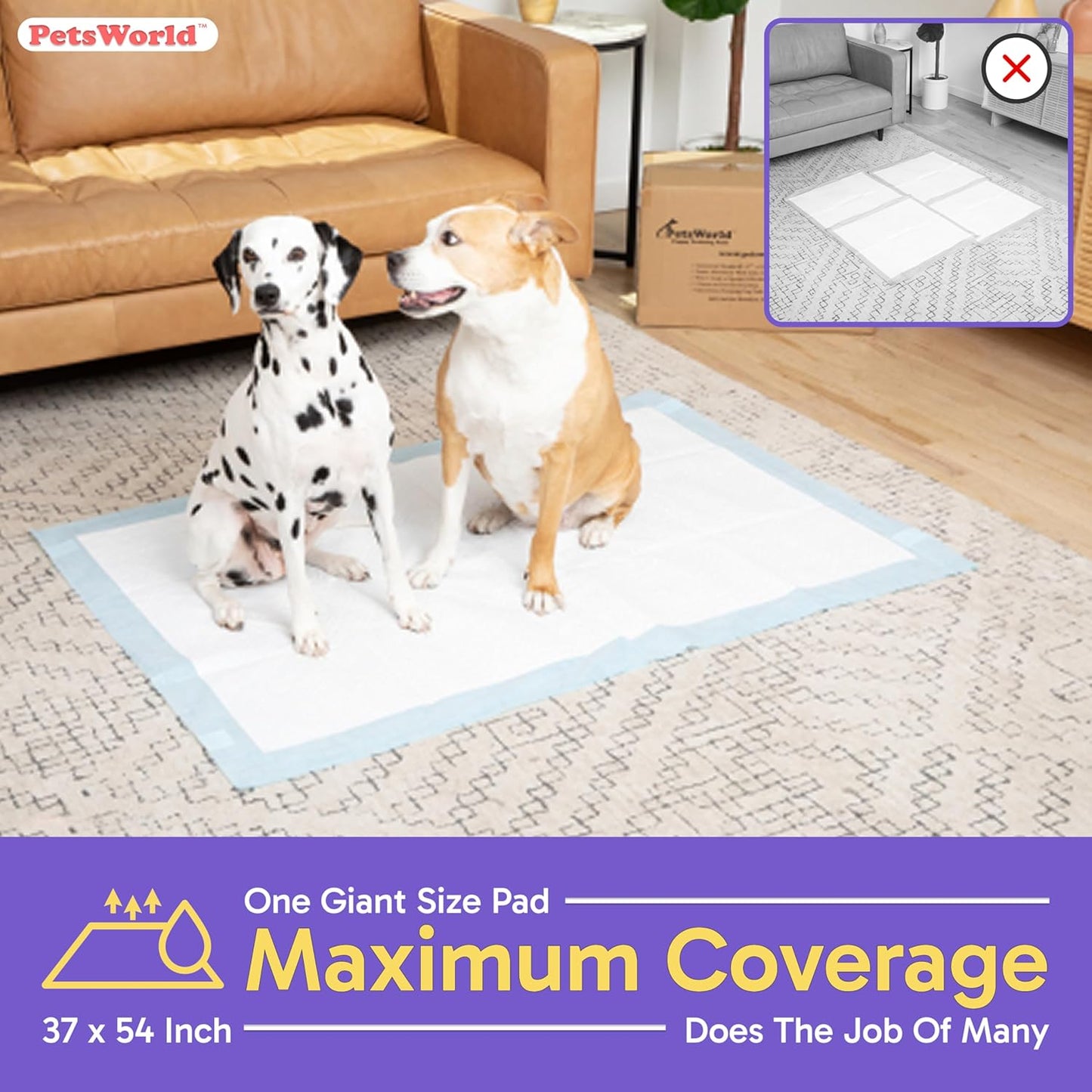 PETSWORLD Enormous Dog Training & Potty Pads, 37x54 inch - Tear Resistant with Strong Leak-Proof Backing, Optional Adhesive Tape, 600 Count