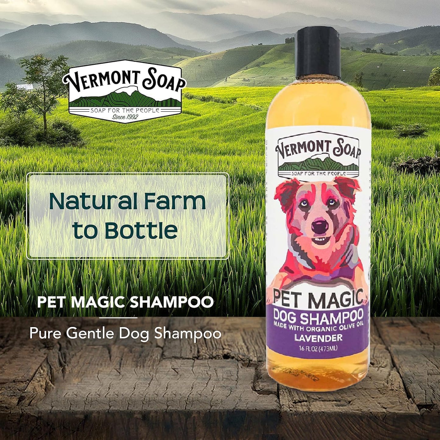 VERMONT SOAP Organics Pet Shampoo - Infused with Organic & Natural Olive Oil, Coconut & Aloe Vera Dog Shampoo for Sensitive Skin - USDA Certified Grooming Pet Shampoo - Lavender (16oz)