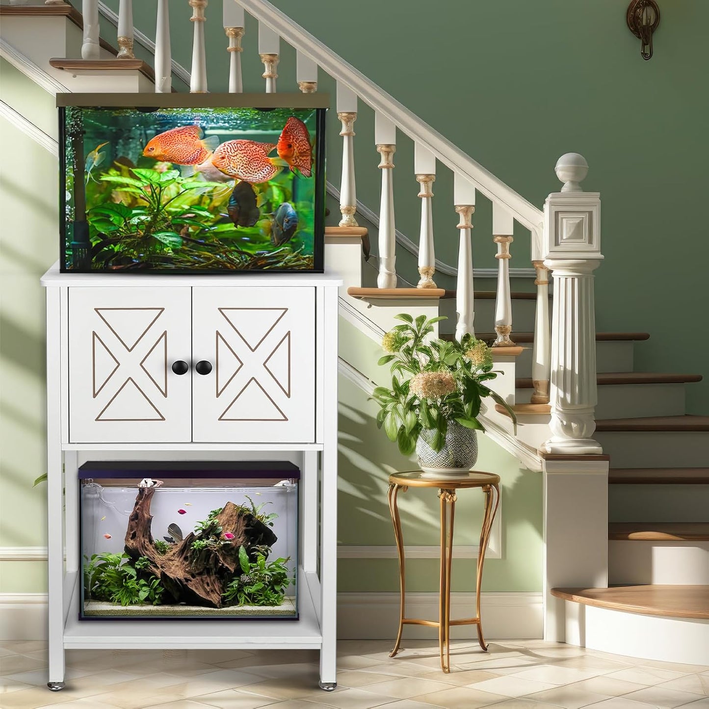 5-10 Gallon Fish Tank Stand, Heavy Duty Aquarium Stand with Cabinet & Power Outlets for Fish Tank Accessories Storage, Double Reptile Terrarium Stand 20.5" L* 11" W Tabletop, White