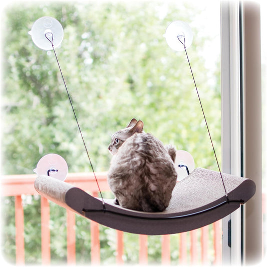 K&H Pet Products EZ Mount Cat Window Perch Kitty Sill Scratcher Cradle, Sturdy Window Perch for Large Cats, Steel Frame Scratcher Hammock with Strong Suction Cups for Glass - 20 X 11in Cardboard