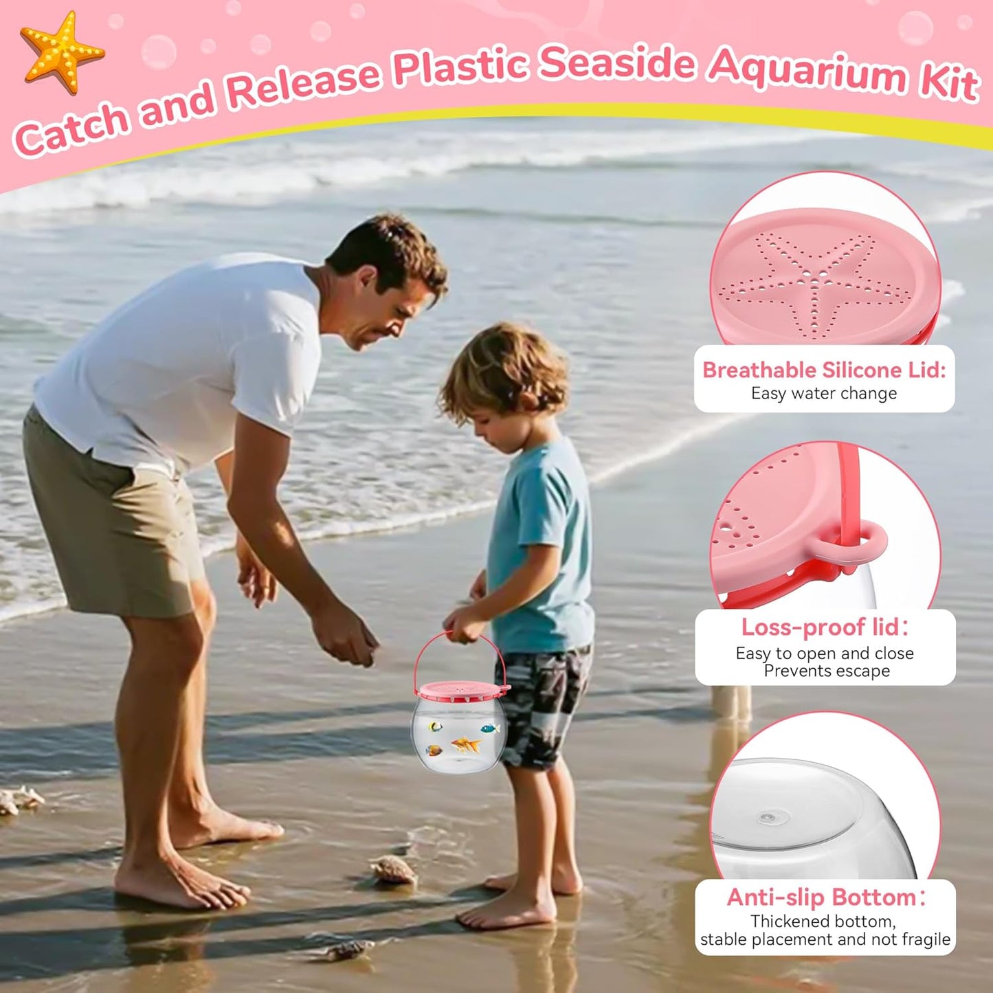 Saillong Catch and Release Plastic Small Bowl Kit, Portable Clear and Transparent Fish Bowl for Ocean Adventure, 0.8 Gallon Outdoor Cartoon Starfish Bucket Kit Ideal for Pool and Lake, Beach