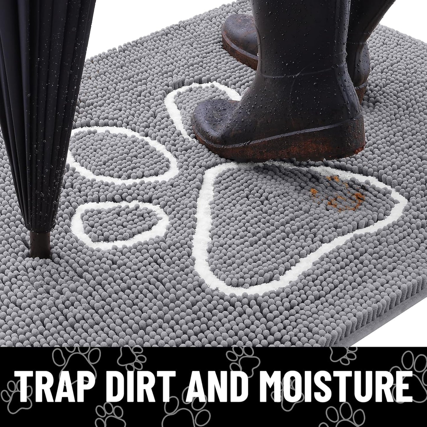 Smiry Dog Door Mat for Muddy Paws, Absorbent Dirt Trapper Non Slip Quick Dry Washable Chenille Mat for Mud Dogs, Entry Rug for Indoor and Outdoor (36x24 Inches, Grey and White)