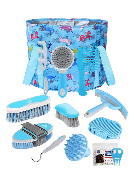 Harrison Howard Horse Grooming Kit 11-Piece Equine Care Series Horse Brush Sets with Organizer Tote Bag Tack Room Supplies Shedding Grooming Massaging Tools Blue Brushstroke Ponies