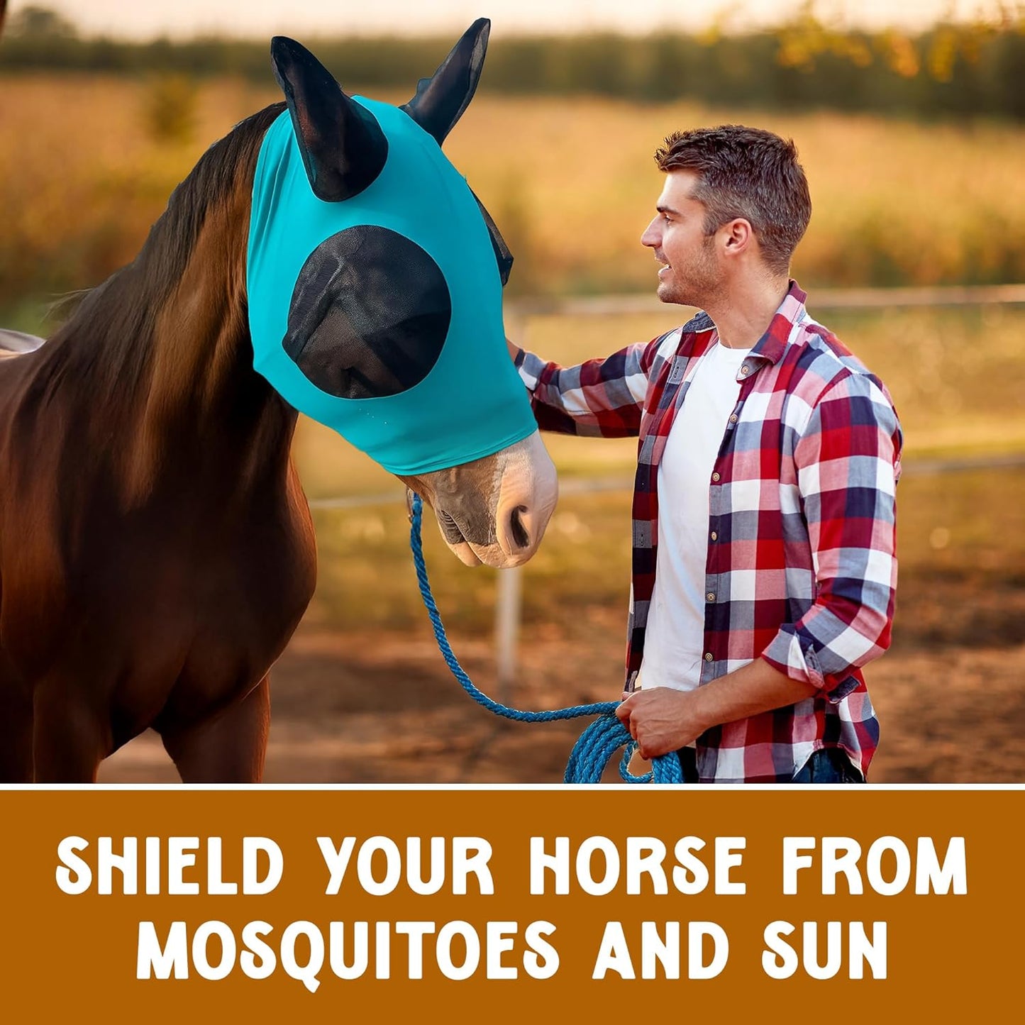 Horse Fly Mask - Arab Equine Fly Mask with Full Coverage for Eye & Ear - Stretchable, UV & Sun Protection Flymask for Horses, Ponies & Mini Horses - Horse Face Cover for Pasture & Trail - Orange