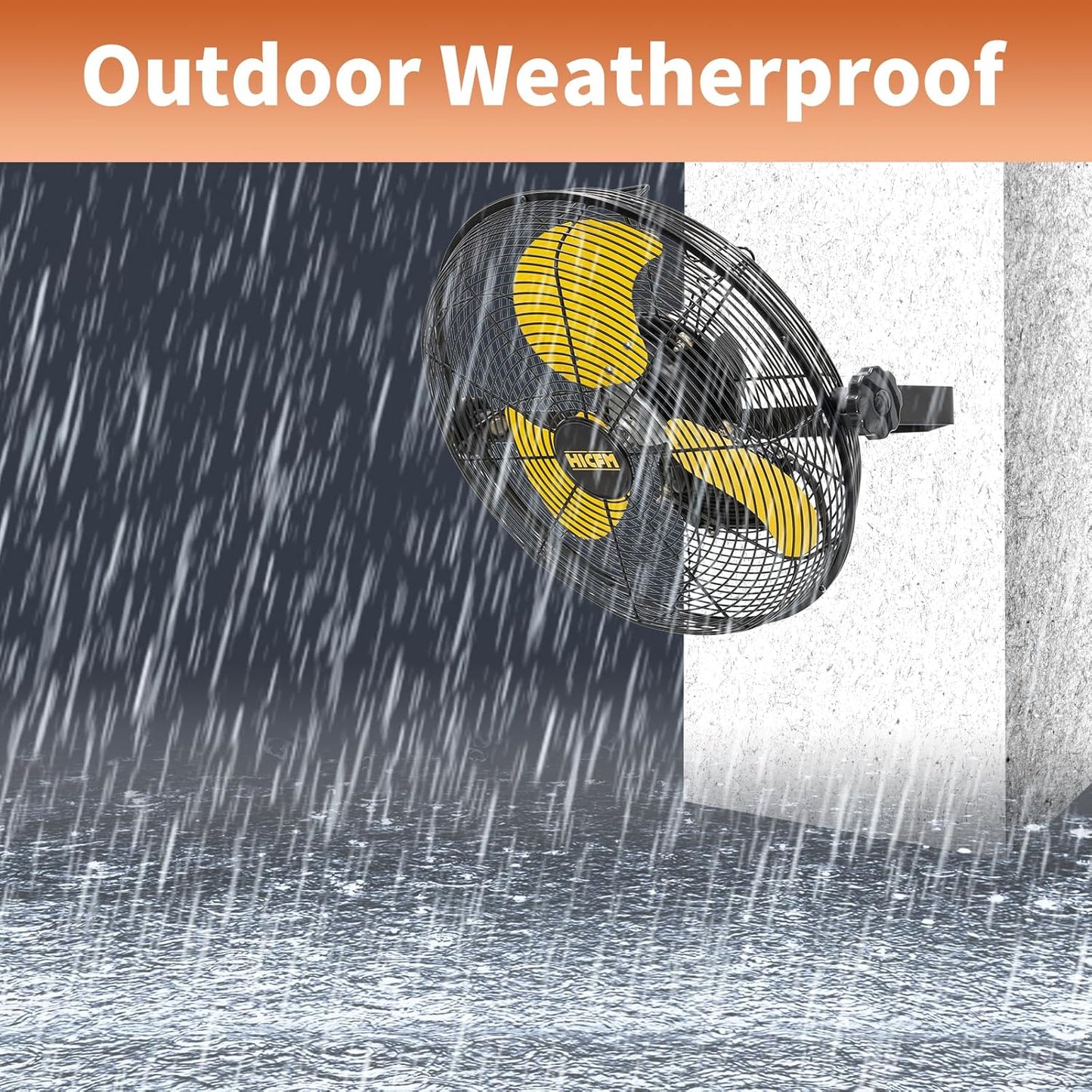 HiCFM 2600 CFM 14 inch Outdoor Wall Mount Fan, 3-Speed High Velocity Weatherproof Wall-Mounted Fans with IP44 Motor and Manual GFCI Plug for Patios, Greenhouse, and Gazebo - UL Listed