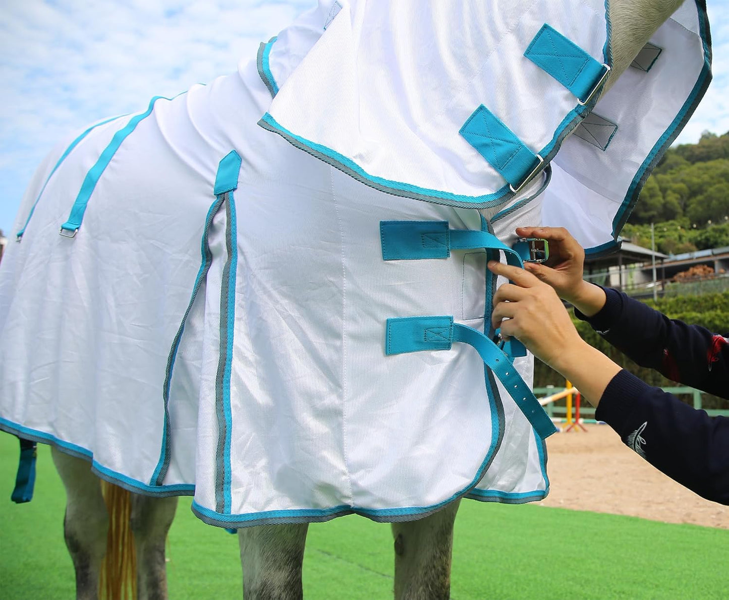 Horse Fly Sheet with Detachable Neck Cover & Belly Wrap, Adjustable Fly Sheet for Horses, Ventilated Airflow Mesh Equine Cooling Summer Flysheet White 72