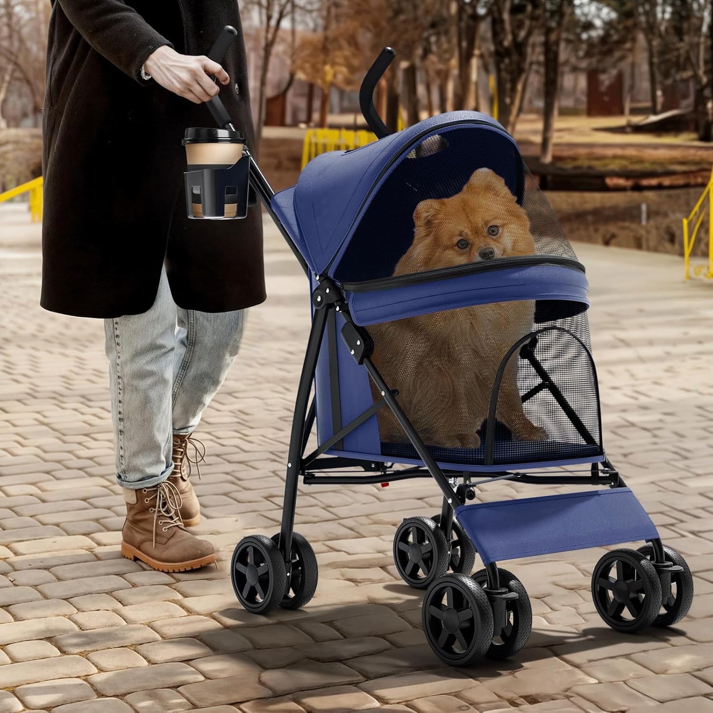 Magshion Compact Pet Stroller for Small-Medium Dogs/Cats up to 22lbs, 4-Wheel Lightweight Umbrella Shaped Portable Puppy Travel Jogger with Breathable Mesh, Cup Holder & Rear Storage, Navy Blue