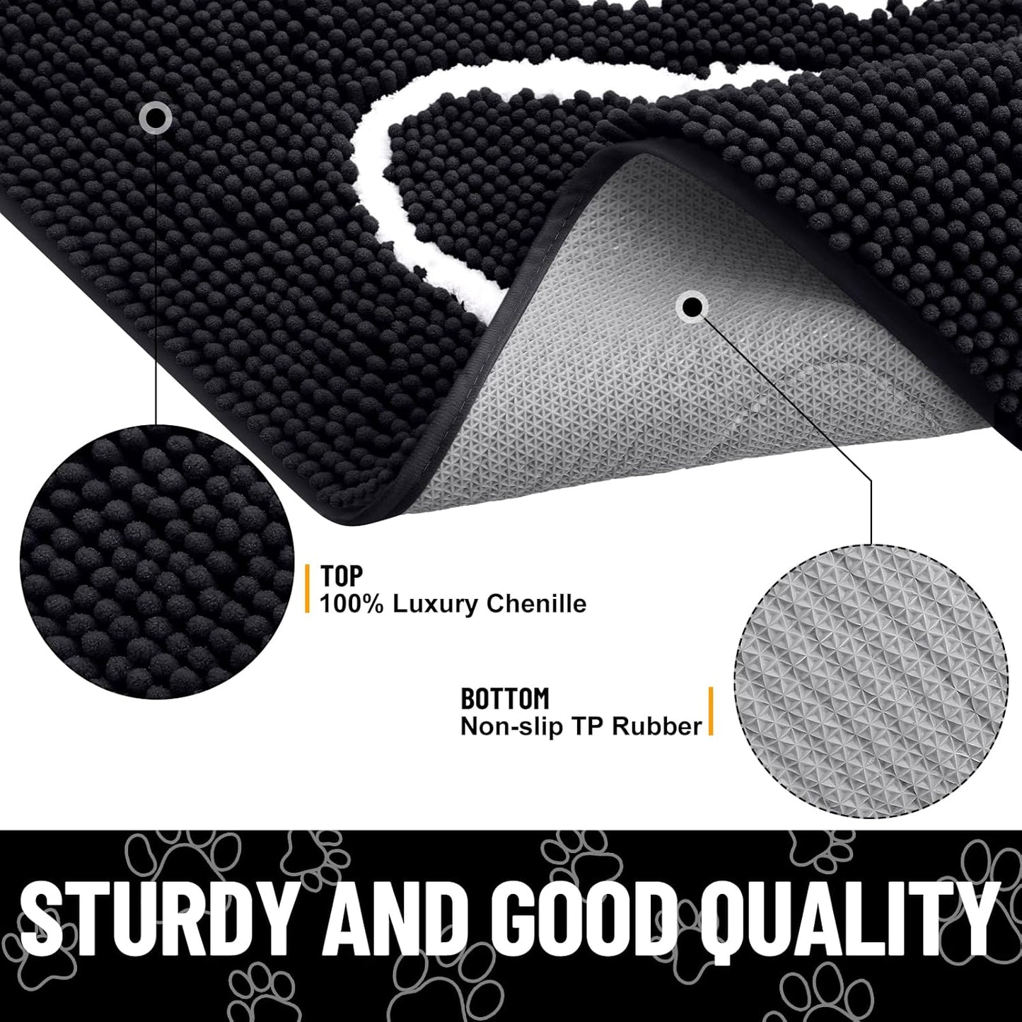 Smiry Dog Door Mat for Muddy Paws, Absorbent Dirt Trapper Non Slip Quick Dry Washable Chenille Mat for Mud Dogs, Entry Rug for Indoor and Outdoor (48x30 Inches, Black)