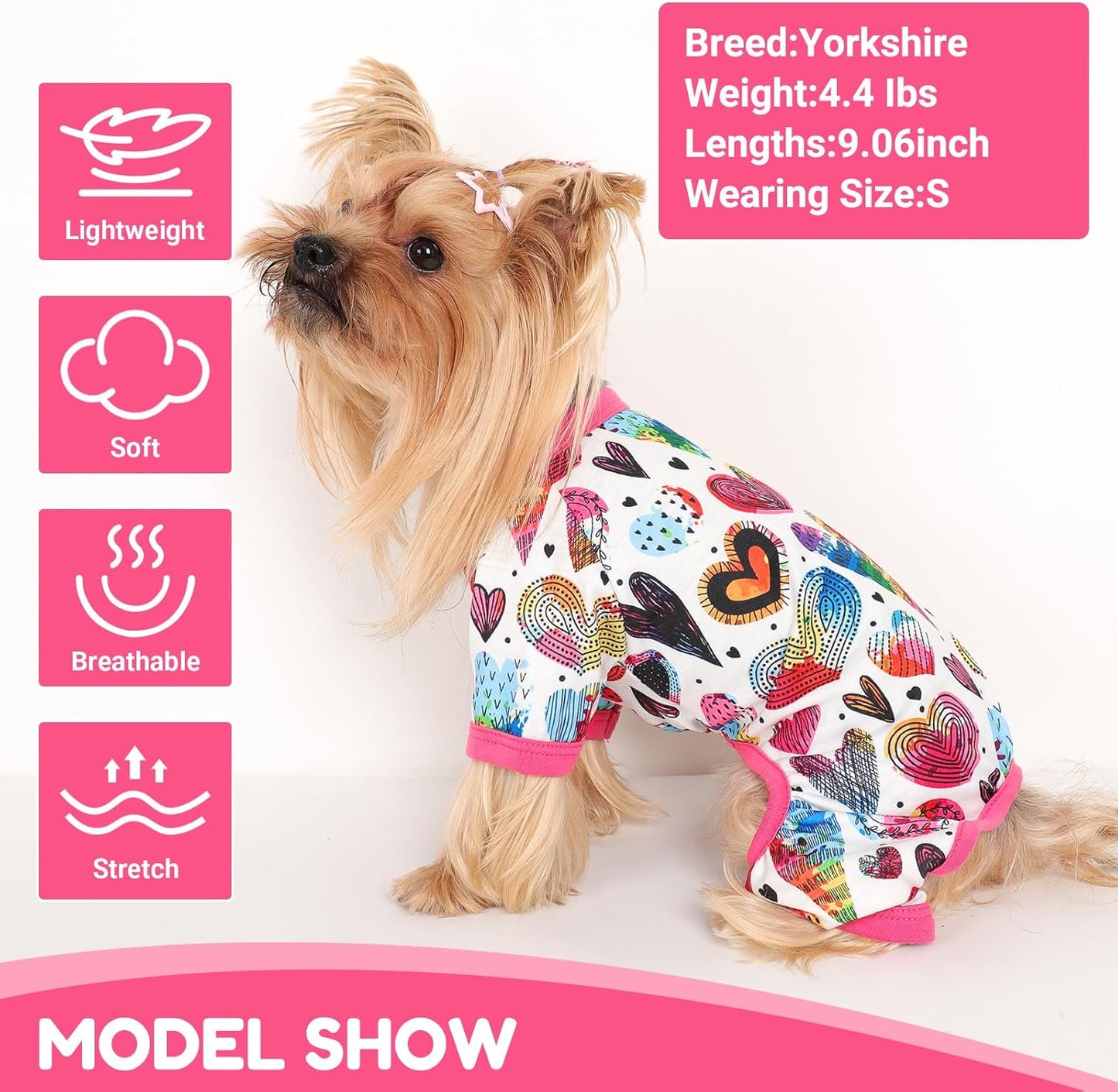 Dog Pajamas Small Sized Dogs Stretchable Summer Dog Clothes Pjs 4 Legs Girl Boy Cute Soft Puppy Outfits Doggie Cat Jammies Jumpsuit Sleeper for Pet (Love Heart, X-Small)