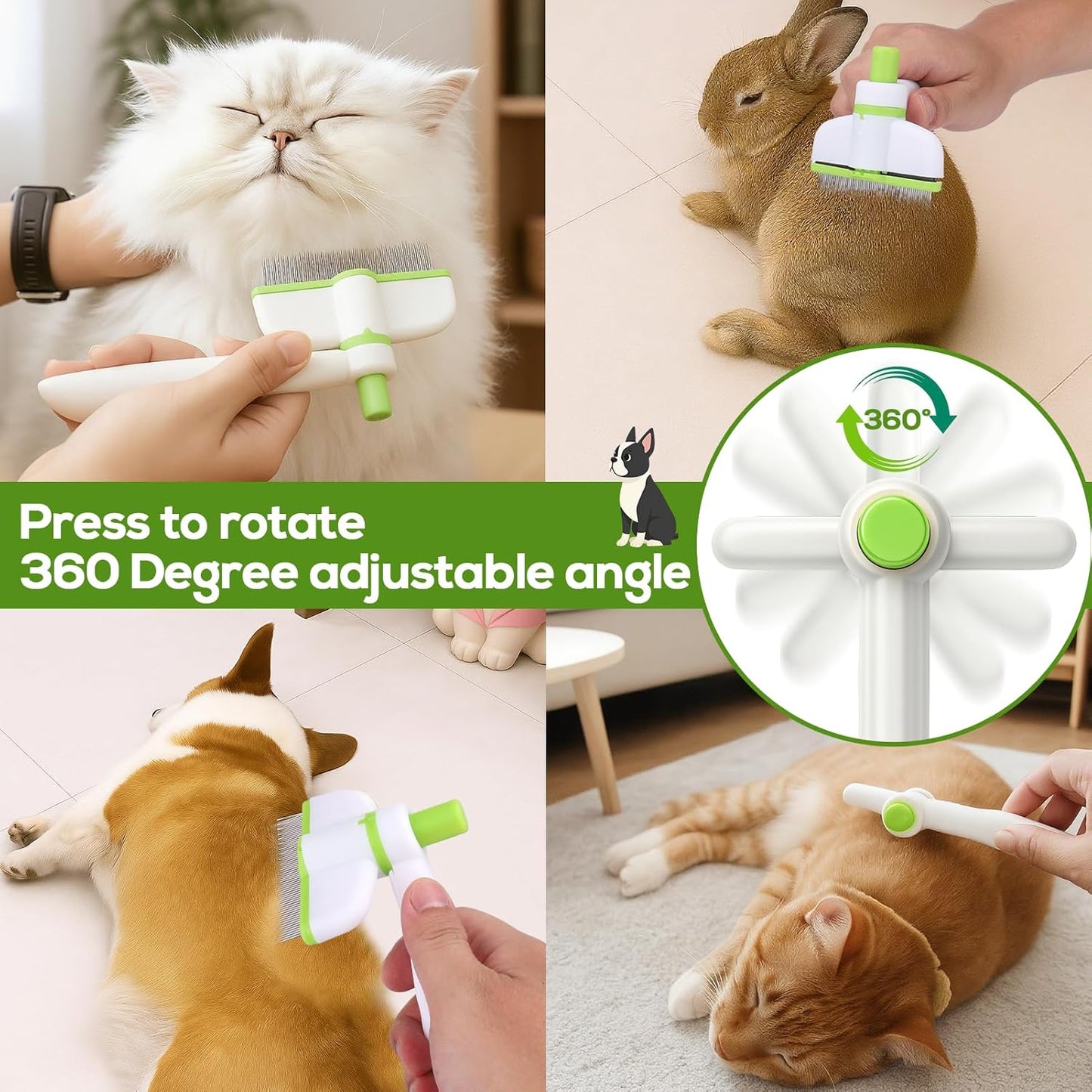 XANGNIER Rotatable Flea Comb for Cats Dogs Kittens Rabbit,Self Cleaning Pet Flea Comb Grooming Brush for Shedding and Detangling,Fine Tooth Tick Lice Comb for Short & Long Pet Hair Removal Tool,2 Pcs