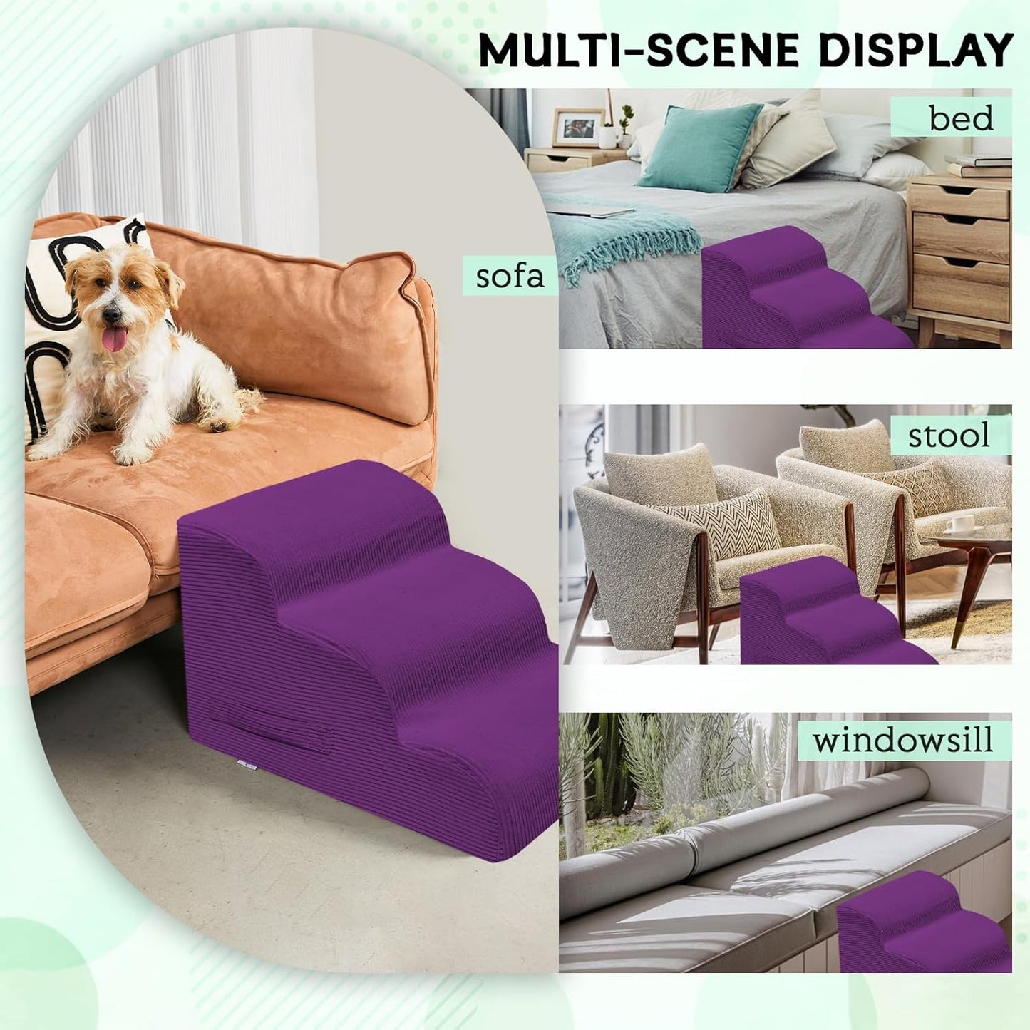 Dog Steps for Small Dogs, 4-Step Dog Ramp and Stairs for High Beds and Sofa, Non-Slip Pet Stairs Removable and Easy to Clean Cover, Purple