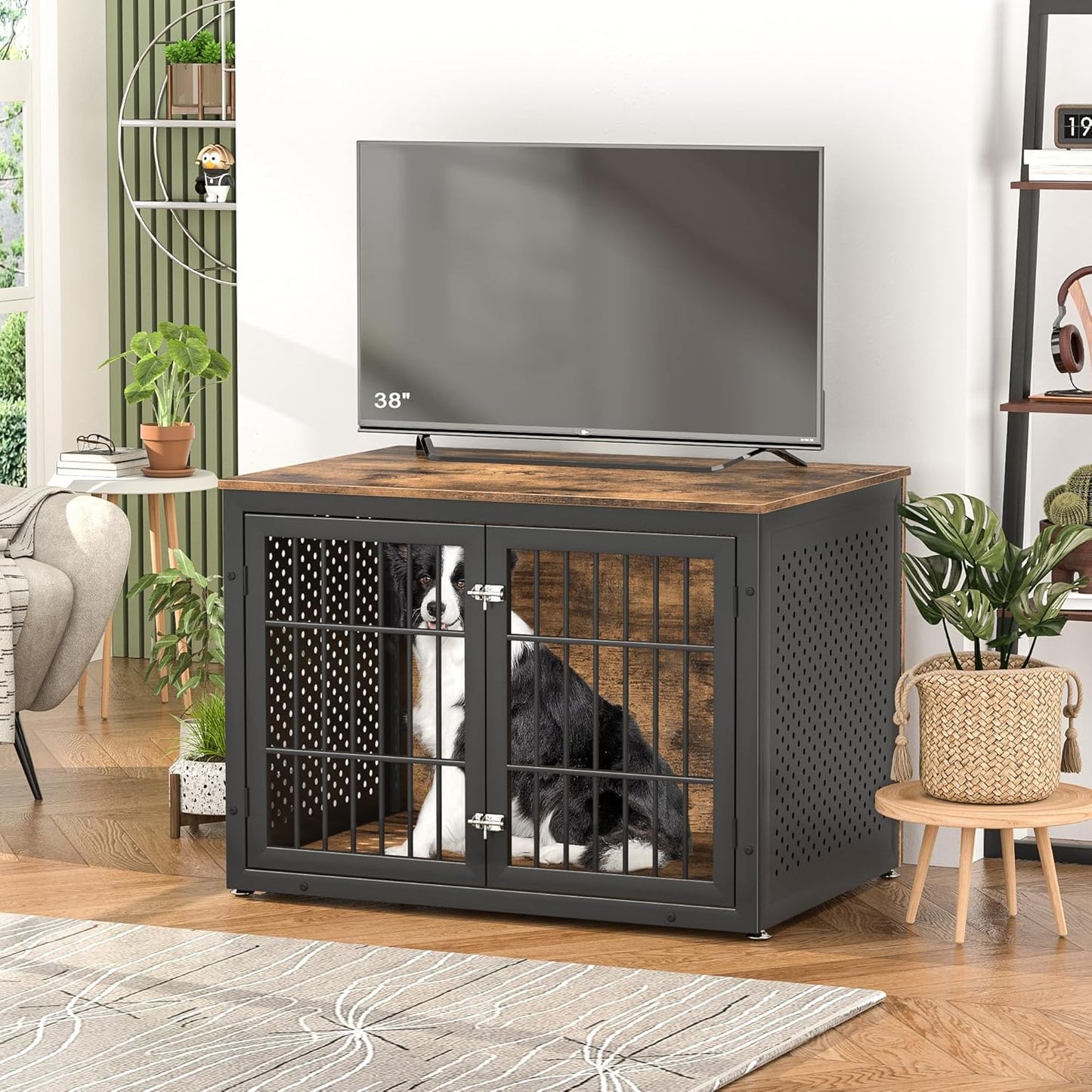42" Heavy Duty Dog Crate Furniture for Large and Medium Dogs, Enclosed Design Wooden Metal Kennel, Wooden Cage Furniture Indoor, Decorative Dog Kennel End Table