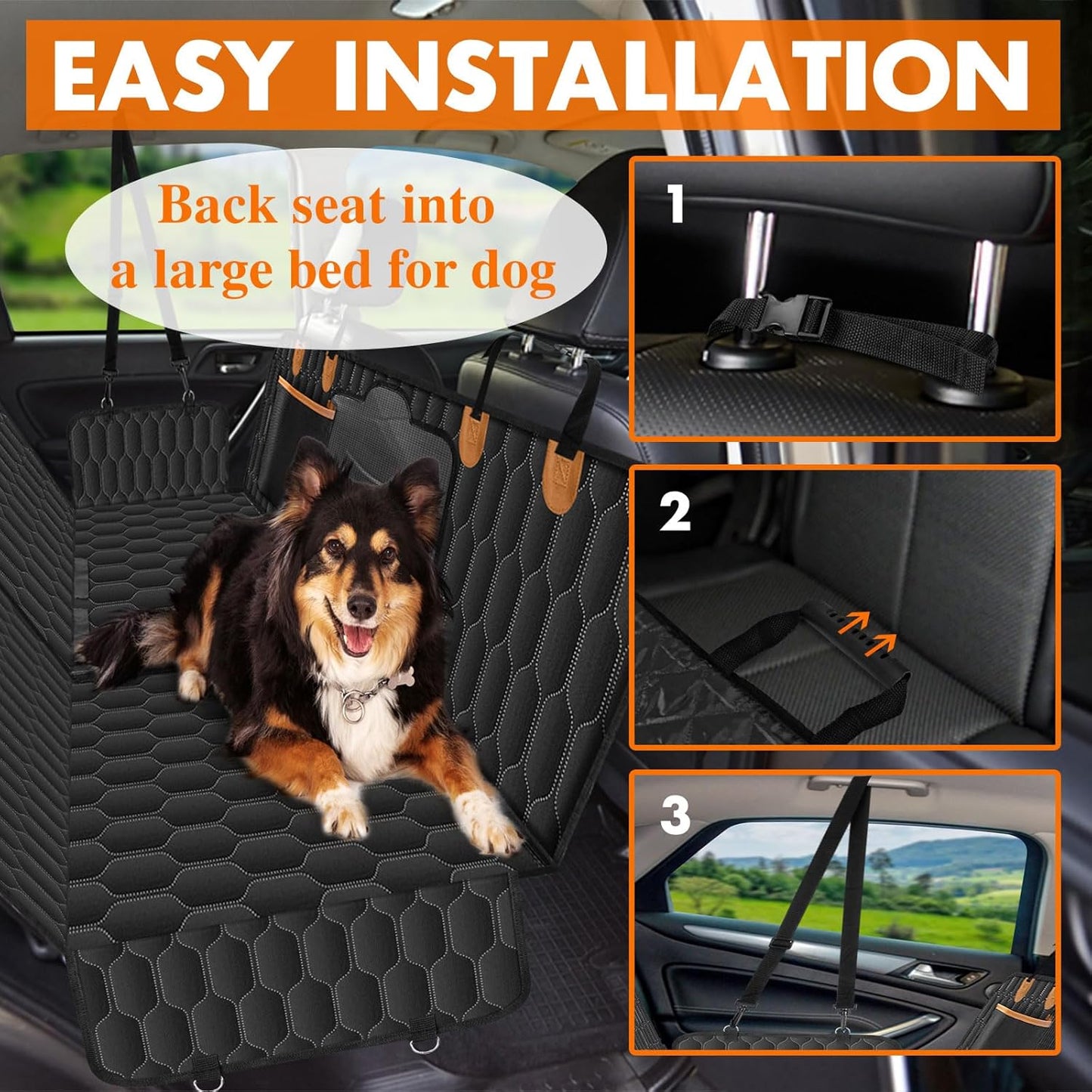 Dog Back Seat Cover, Waterproof Scratch Proof Nonslip Dog Hammock for Car, Car Seat Cover for Back Seat with Sanitary Pad Mesh & Pocket for Cars SUVs and Trucks - S, Black/Orange