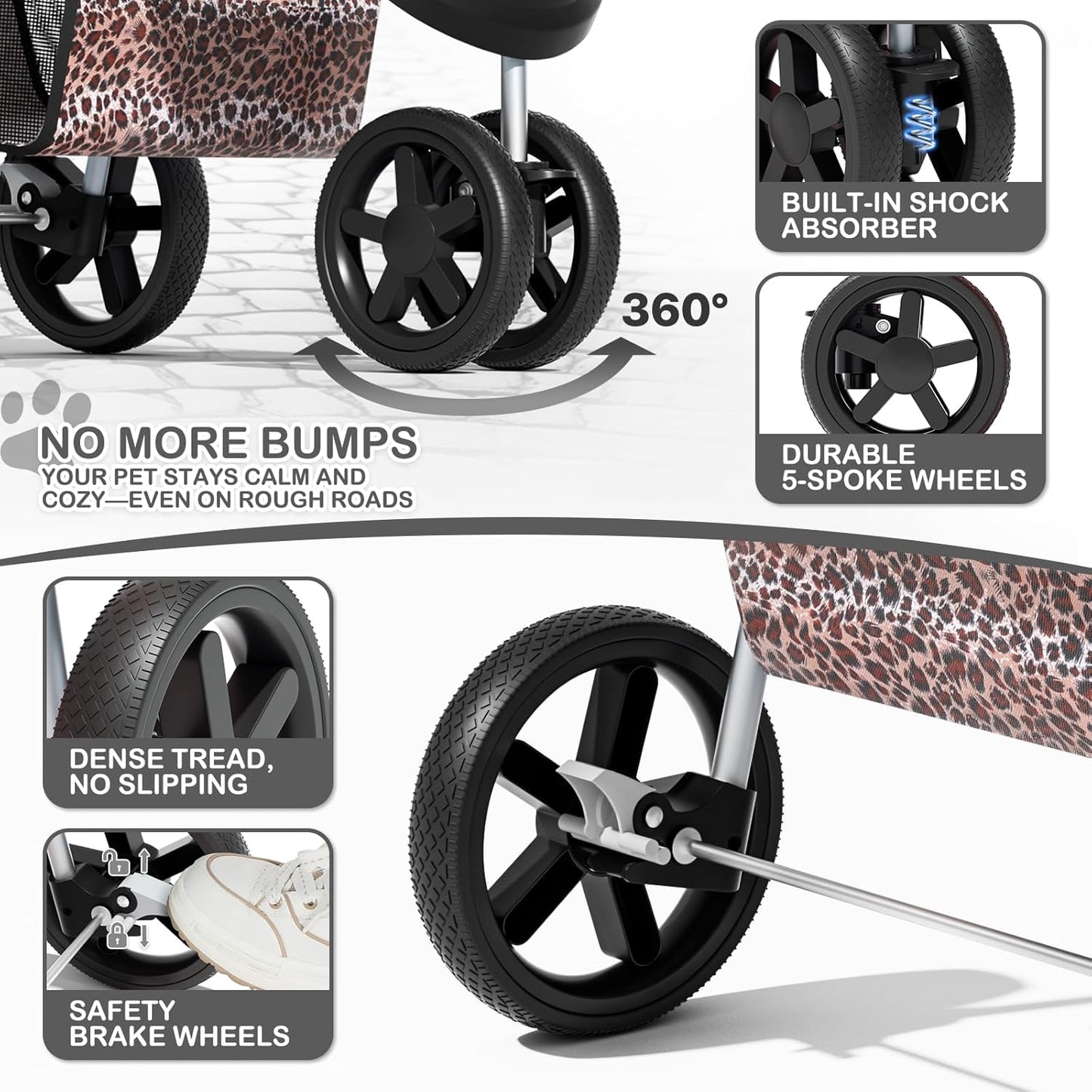 MoNiBloom 3 Wheels Pet Dog Cat Stroller for Small Medium Dogs Cats, Lightweight Foldable Jogger Stroller w/Storage Basket & Cup Holder, Leopard Print