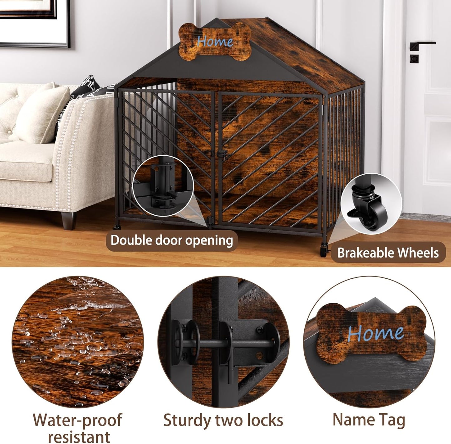 Heavy Duty Dog Crate Furniture for Large Breed - 39.4" Chew-Proof Kennel with Gable Roof, Double Door Escape-Proof Indoor Dog Cage, Rustic Brown