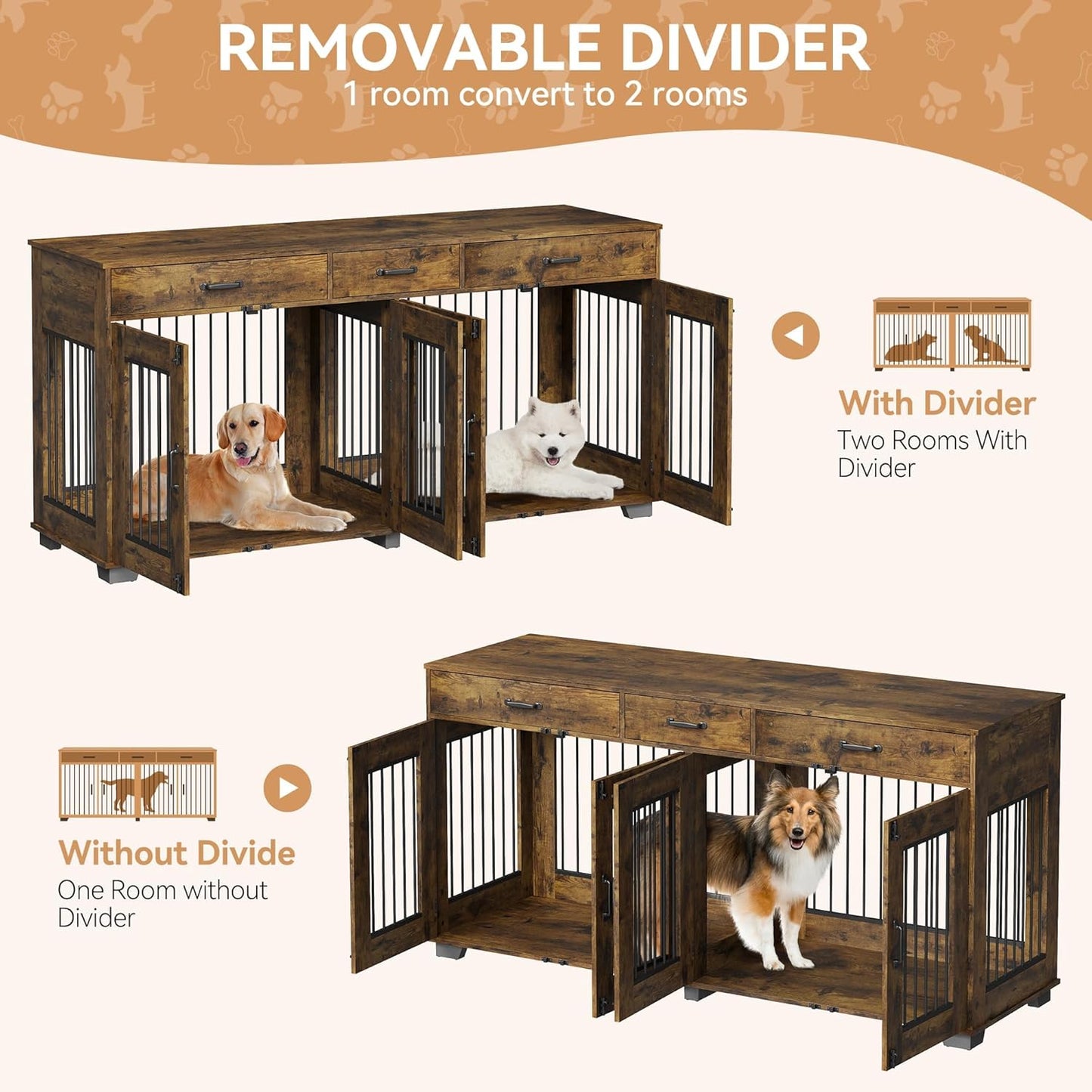 Dog Crate Furniture for 2 Dogs, 71 in XXL Indoor Dog Kennel with 3 Drawers and Removable Room Divider, Wooden Double Dog Crate TV Stand End Table with Double Doors for Large Medium Dogs, Rustic Brown
