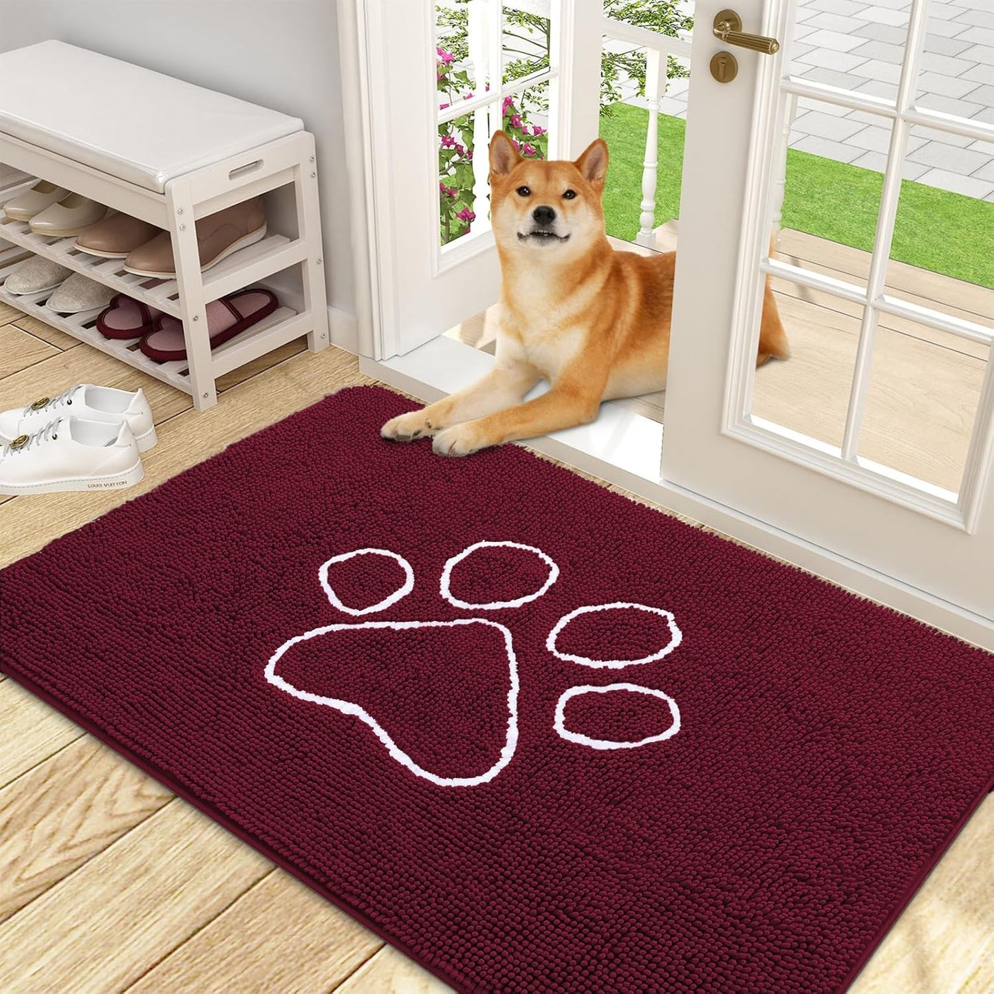 OLANLY Door Mat for Muddy Dog Paws 48x30, Ultra Absorbent Chenille Mud Doormat with Paw Print Design, Non-Slip Washable Doormat for Indoor Entryway, Quick-Dry Pet Bed Mats for Dirty Dogs, Burgundy