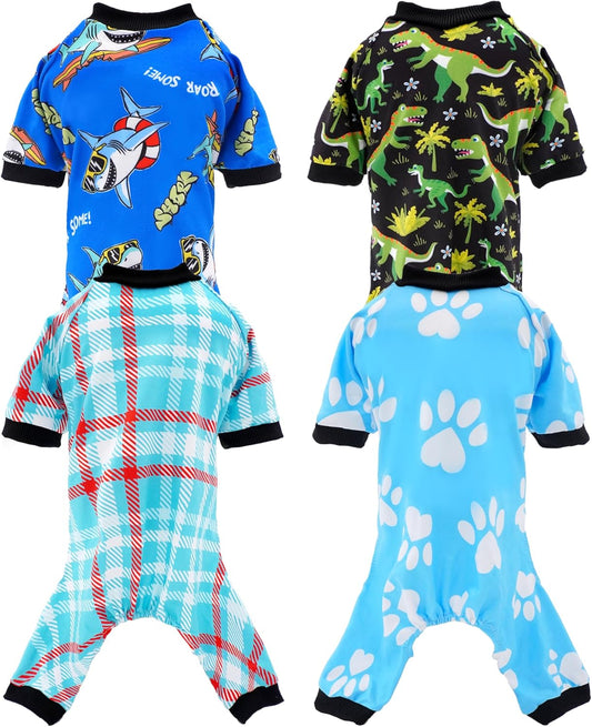 PET SHOW 4 Pack Dog Pajamas Dinosaur Shark for Medium Large Dogs Boy Soft Stretchy PJs Plaid Jumpsuit Dog Paw Onesies Outfits with Sleeve Pets Breathable Summer Clothes Costume XXL