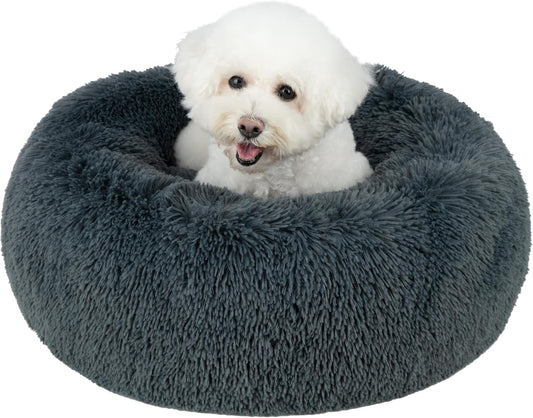 Best Pet Supplies Round Donut Dog Bed with Plush Faux Fur Fabric, Calming, Anti-Anxiety Cushion for Indoor Pets, Slip-Resistant Base, Soft Ergonomic Support - Gray, 30x30x8''
